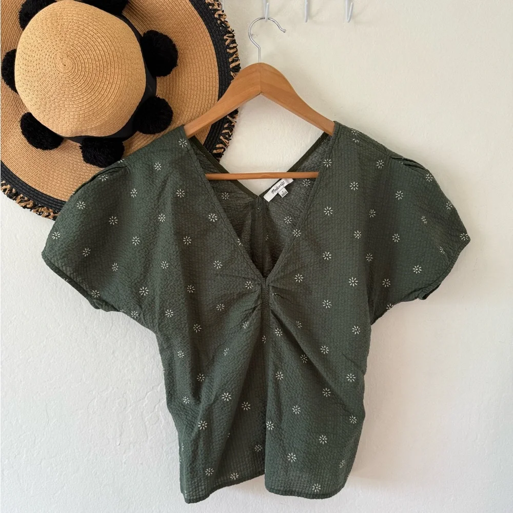 Madewell Forest Green Floral Voile Puff Sleeve Top Size 2